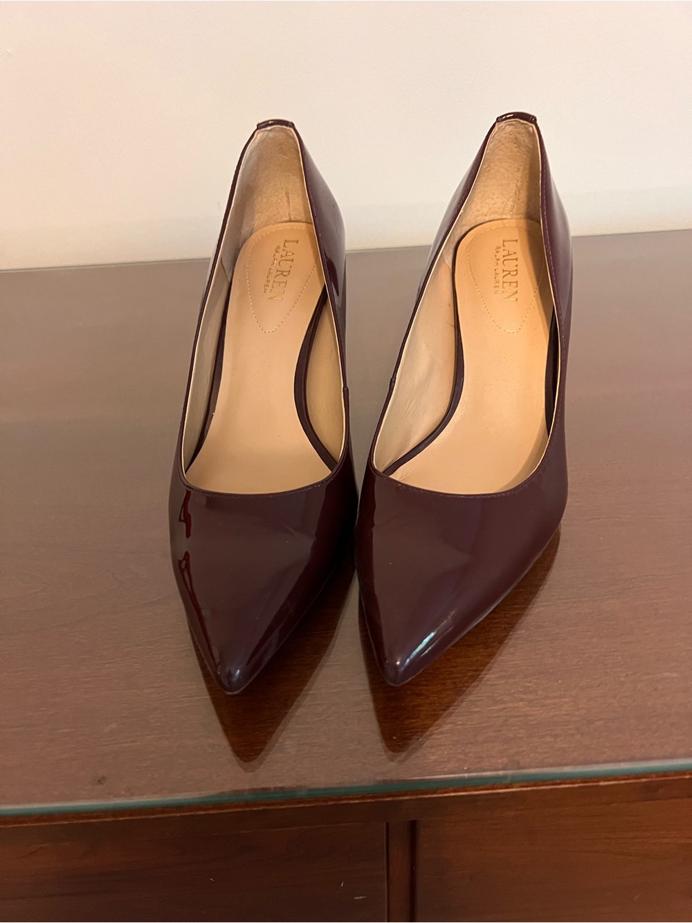 Lauren Ralph Lauren Glossy Maroon Pointed-Toe Pumps
